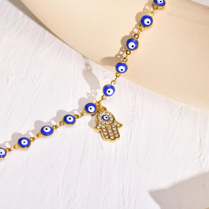 Bohemia Fatima Hamsa Hand Evil Blue Eye Charm Anklet for Women, Gold Color Stainless Steel Chains Adjustable Foot Ankle