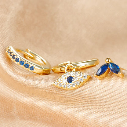 3 Piece Set! Luxury Zircon Evil Eye Hoop Stud Earring Set For Women Gold and Blue