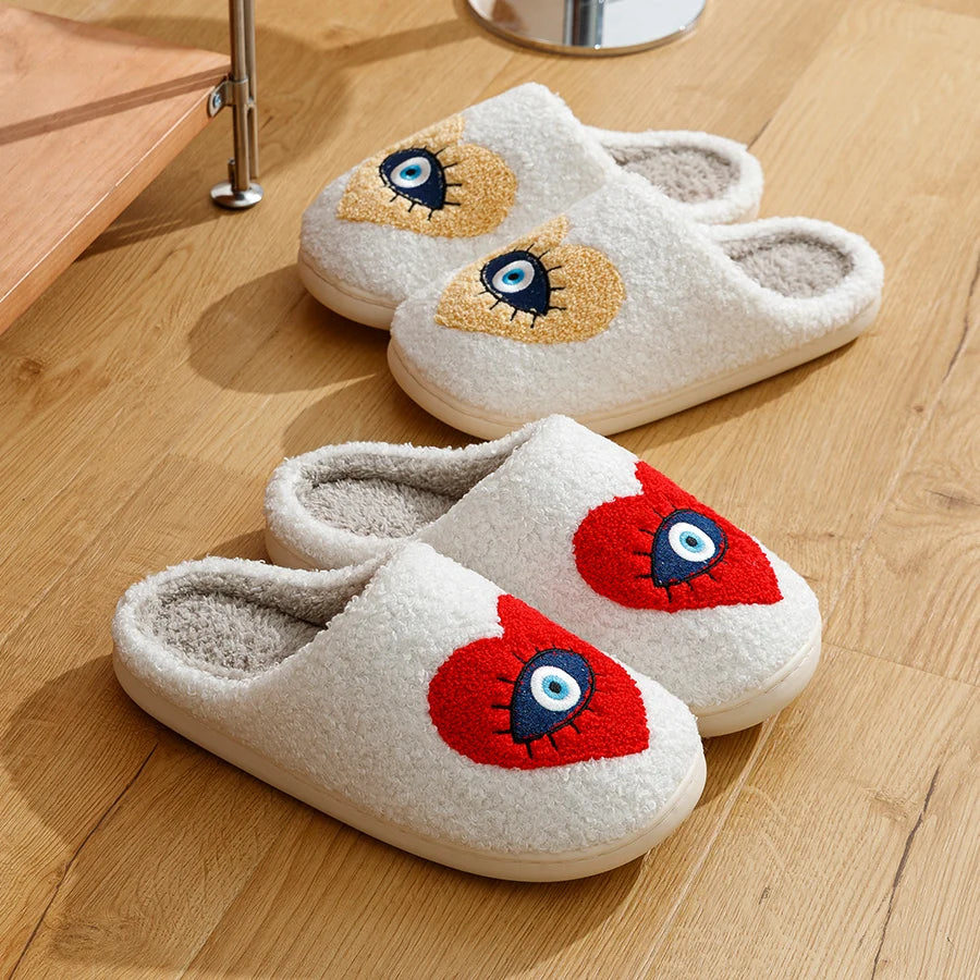 2 Styles! Trendy Cute Evil Eye Heart Slippers Warm Houseshoes Fuzzy Comfy Shoes