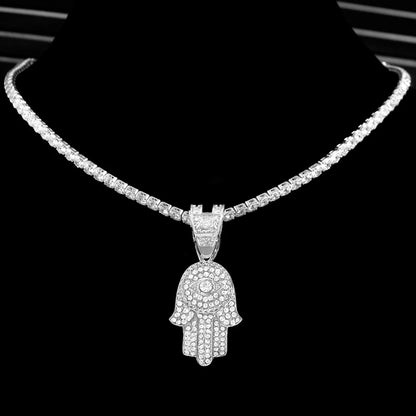 4 Styles of Chain, 2 Colors, 4 Lengths! Men's Unisex Crystal Hamsa Hand Evil Eye Pendant Zircon Necklace For Iced Out Cuban Link Chain Necklace Gold or Silver Color