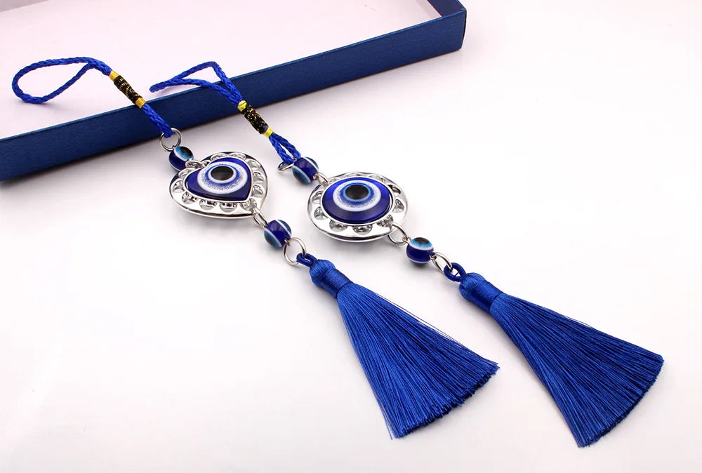 2 Styles! Round or Heart Shaped Evil Eye Lucky Charm Protection Tassel With Crystals