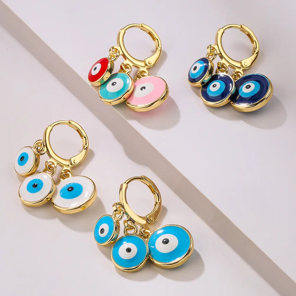 4 Colors! Colorful Triple Oil Dripping Turkish Evil Eye Drop Earrings For Ladies and Girls