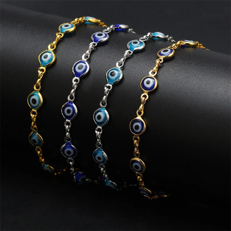 New Gold Plated Blue Light Evil Eyes Beads Bracelet Adjustable Box Link Chain Turkish Eyes Bracelet For Women Fashion Jewelry