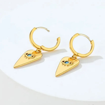 Gold Plated Elongated Heart with Evil Eye Dangle Hoop Earrings for Woman Girls