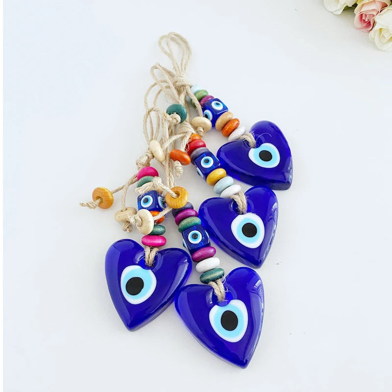 2 Styles! Lucky Evil Eye Glass Hand or Heart Shape Pendant Wall Hanging Keychain Braided Rope