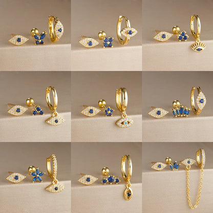 12 Options of 3 Piece Sets! Silver or Gold Color Blue Zircon Evil Eye Hoop Earring Set for Women Cartilage Lobe