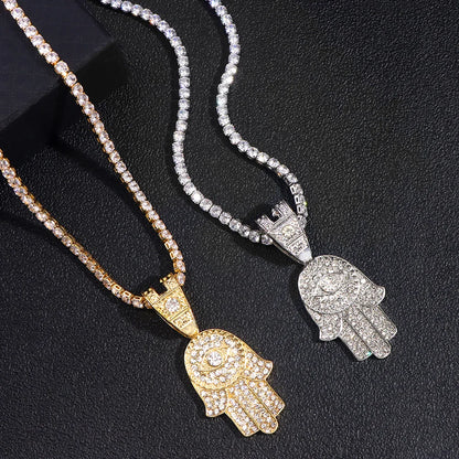 4 Styles of Chain, 2 Colors, 4 Lengths! Men's Unisex Crystal Hamsa Hand Evil Eye Pendant Zircon Necklace For Iced Out Cuban Link Chain Necklace Gold or Silver Color