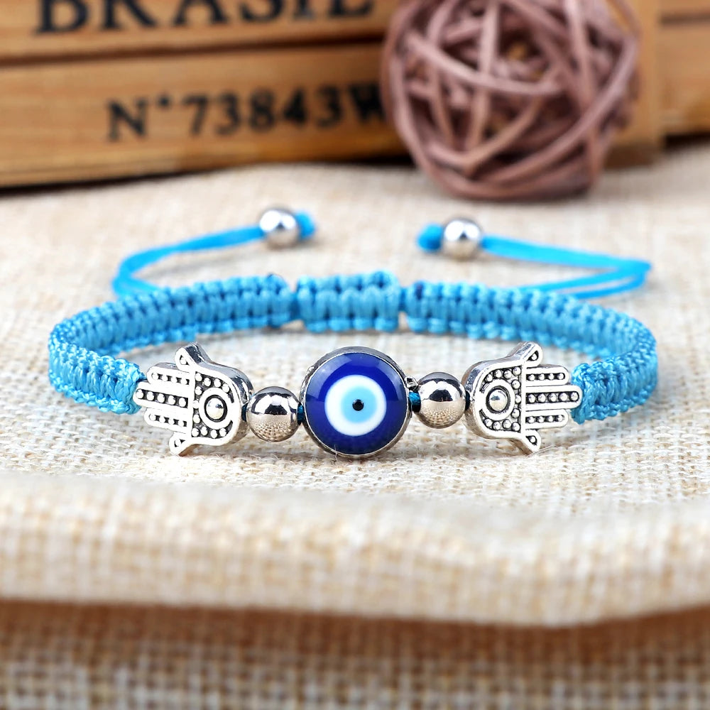 8 Colors! Hand of Fatima Pendant Bracelet Turkish Blue Evil Eye Lucky Red Braided Rope Handmade Adjustable for Men Unisex