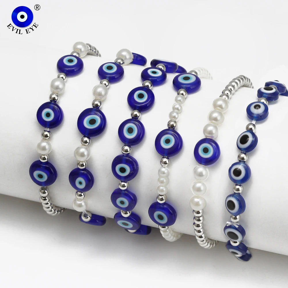 EVIL EYE Adjustable Imitation Pearl Blue Evil Eye Bead Bracelet Adjustable Copper Beaded Bracelet for Women Girls Men BE948