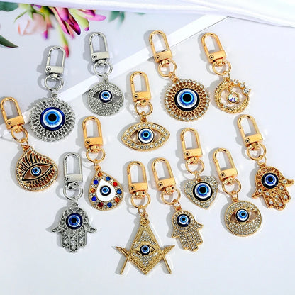 19 Style Collection! Glamorous Fashion Evil Eye Keychains Gold Silver Color Crystal Fatima Hasma Hand Charm Key Ring Accessories