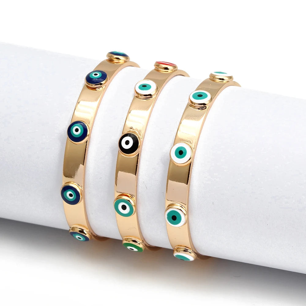 Lucky Eye Turkish Blue Evil Eye Bangle Copper Adjustable Fatima Hand Charm Cuff Bracelet for Women Girls Men Jewelry BE602