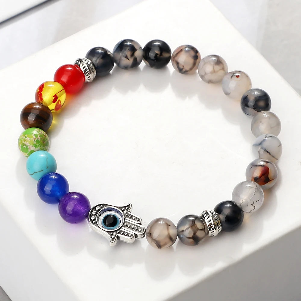 15 Colors, 3 Sizes! Chakra Bracelets Men Natural Tiger Eye Stone Lava Onyx Agates Beads Bracelet Turkish Evil Eye Hand Of Fatima Men's Unisex