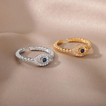 10 Styles! Gold or Silver Blue Zircon Evil Eye Rings for Women Stainless Steel Finger Ring