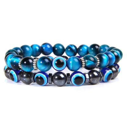 19 Colors and 3 Sizes to Choose From! 2 Pack or Single Layered Lucky Evil Eye Beads Bracelet Natural Stone Lava Hematite Set Multilayer Bracelets Men Unisex