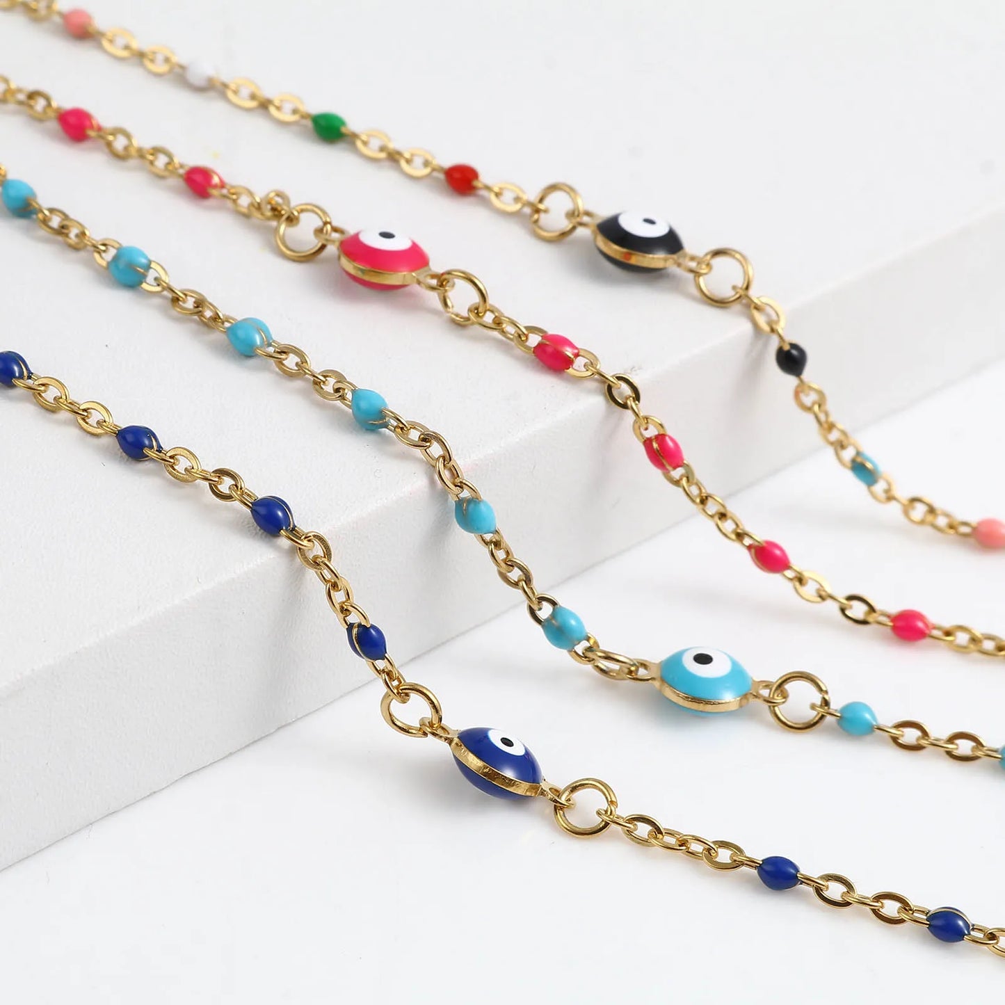 10 Colors! Colorful Gold Link Cable Chain Bracelets Gold Color Multicolor Round Evil Eye Enamel 17.5cm(6 7/8") long, 1 Piece