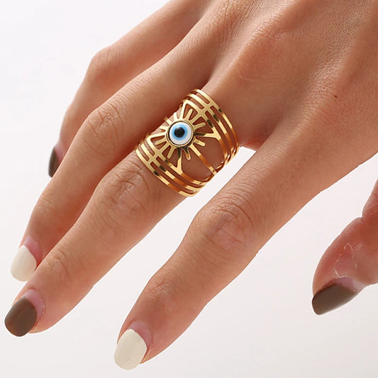 Large Evil Eye 14K Gold Plated Stainless Steel Rings Jewelry Wide