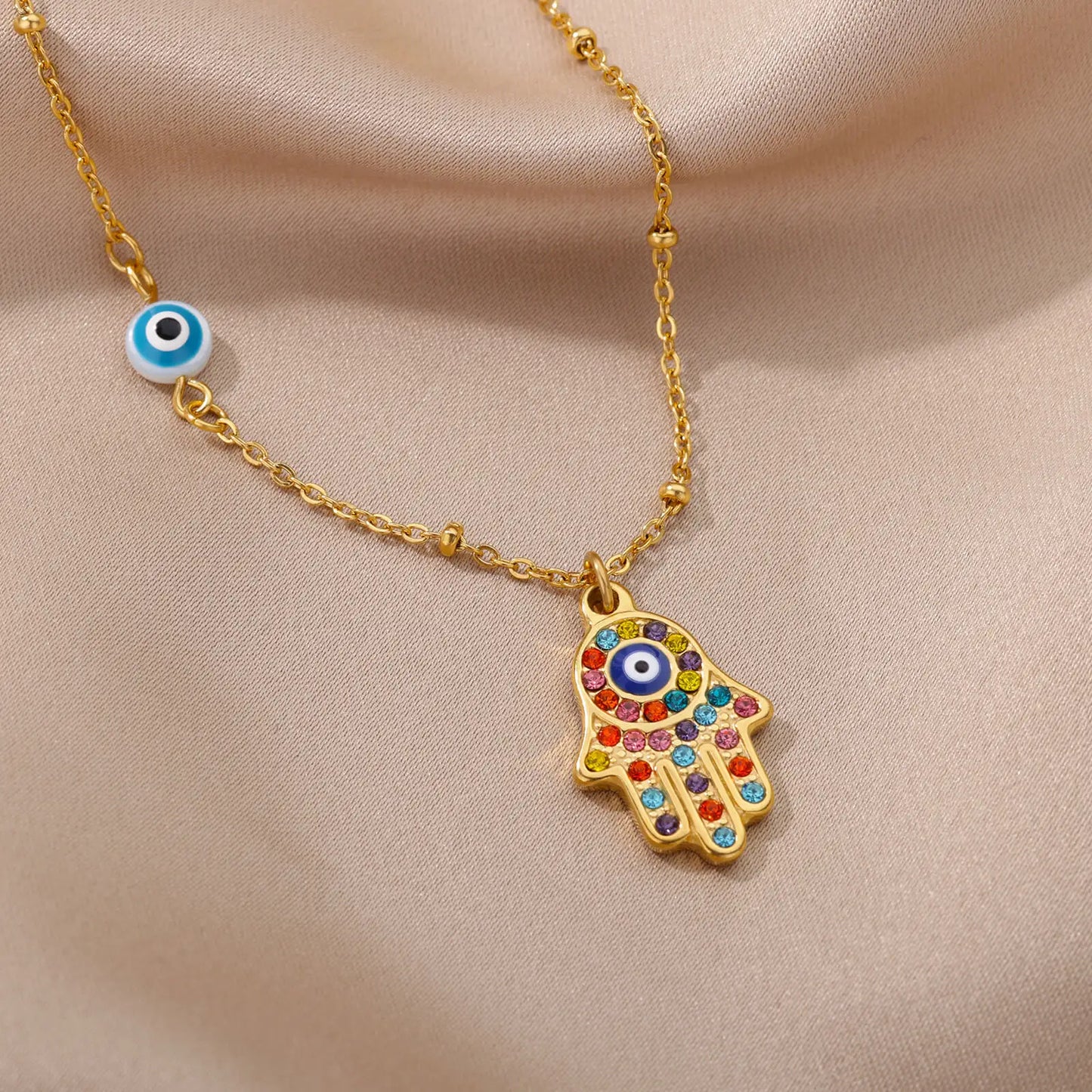 Silver or Gold Colorful Zircon Evil Eye Fatima Hand Chain Necklace For Women