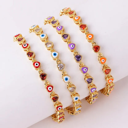 Heart Shaped 18K Gold Plated Colorful Evil Eye Charm Bracelet for Women Boho Lucky Copper Chain Adjustable Bracelet Summer Jewelry