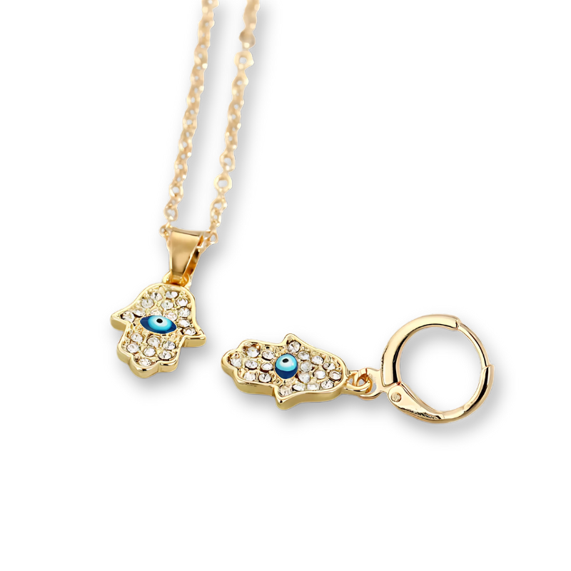 Gold Color Evil Eye Necklace and Earrings Hand Hamsa Fatima Matching Set or Seperate