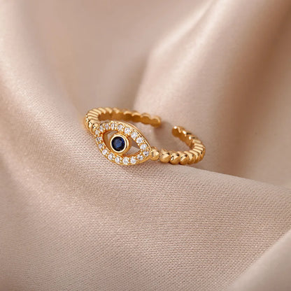 10 Styles! Gold or Silver Blue Zircon Evil Eye Rings for Women Stainless Steel Finger Ring