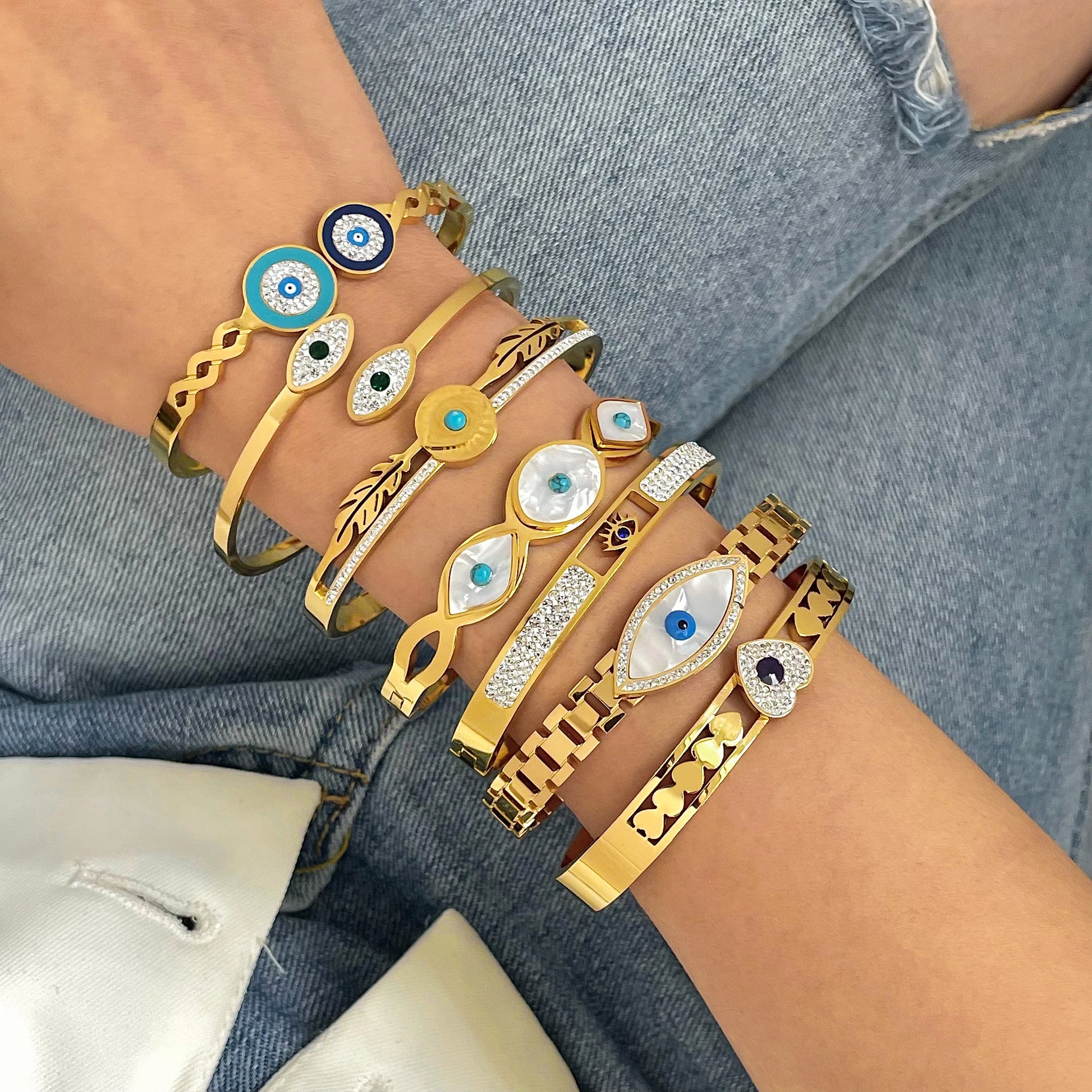 FLASHBUY Boho Evil Eye Stainless Steel Bangles Bracelets for Women Enamel Rhinestones Gold Plated Waterproof Fasion Jewelry Gift