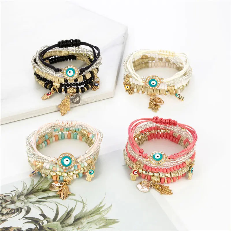 6pcs Bohemia Handmade Evil Eye Charm Beaded Trendy Stack Bracelet Set for Women Girls Summer Beach Multi-layer Bracelet Jewelry
