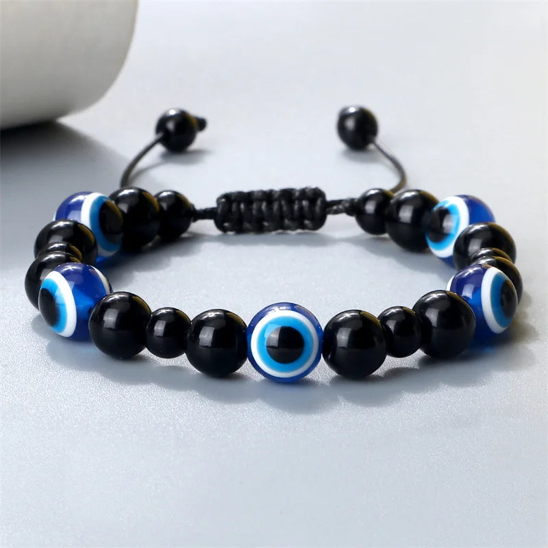 6 Variations! Men's Unisex Black Matte Lava Beads Bracelet Turkish Lucky Evil Eye Stone Obsidian Onyx