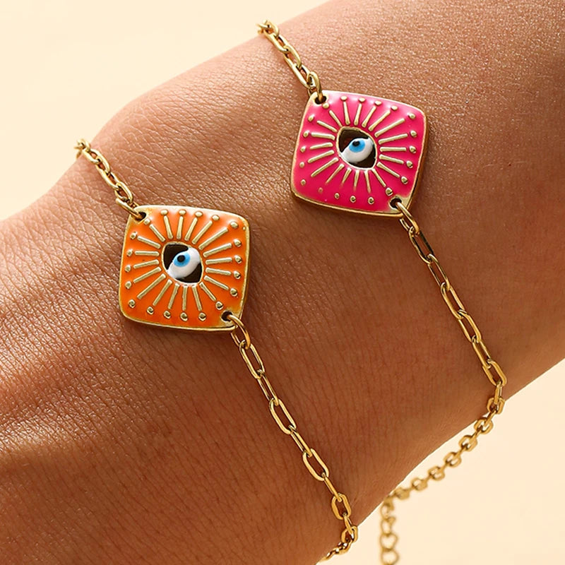 5 Colors! Boho Enamel Colorful Evil Eye Bracelets for Women Girls Gold Color Stainless Steel Square