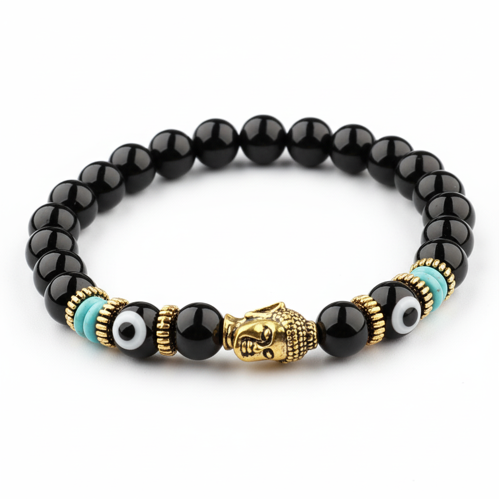 12 Styles! Natural Agate Stone Buddha & Evil Eye Bracelet Men 8mm Elastic Round Bright Black Stone Chakra Bracelet