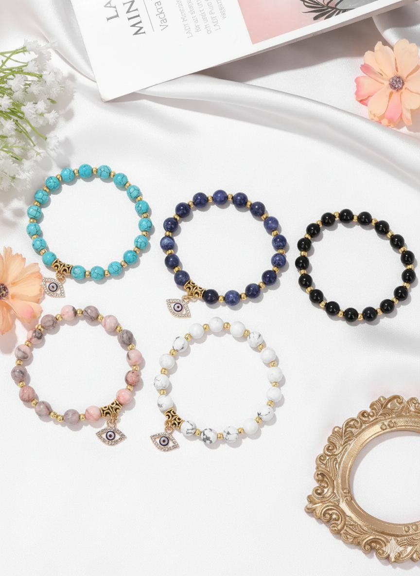 24 Color Options! 3 Size Options! Lucky Turkish Evil Eye Pendant Beads Bracelet Natural Stone With Card Charm Bangles Women