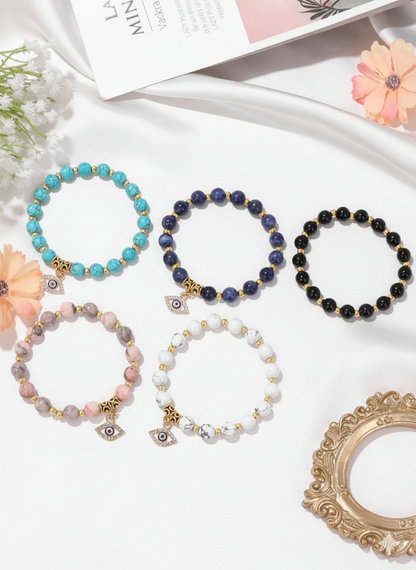 24 Color Options! 3 Size Options! Lucky Turkish Evil Eye Pendant Beads Bracelet Natural Stone With Card Charm Bangles Women